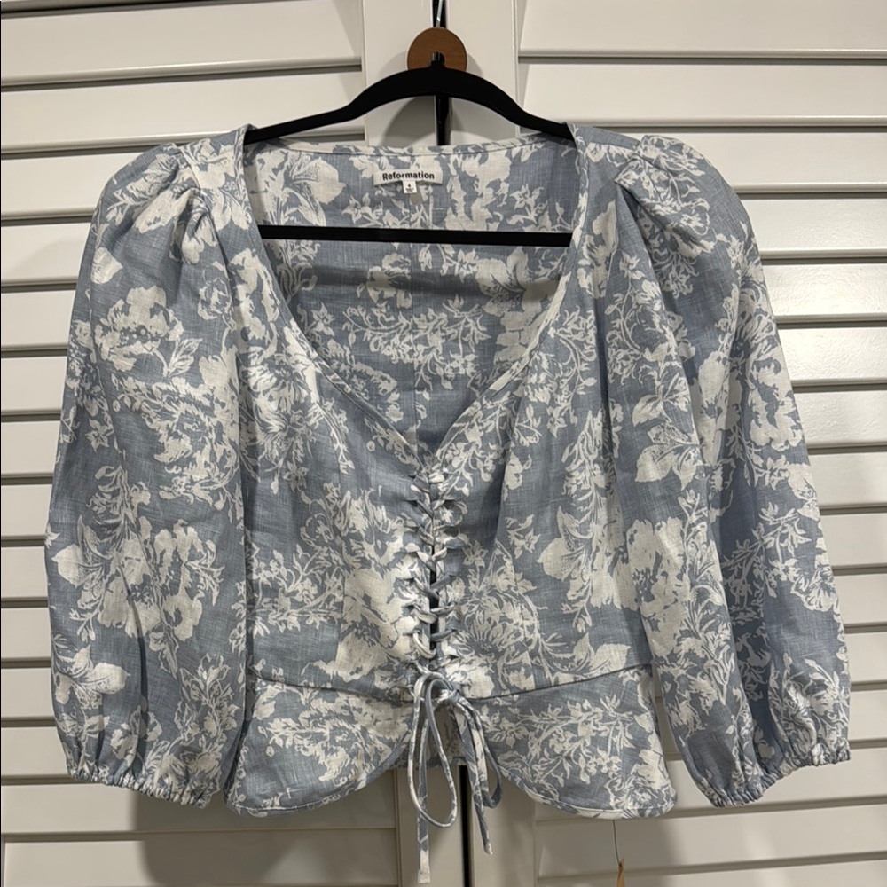Reformation Floral Lace-Up Blue Linen Top